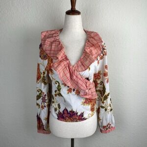 Anthropologie Blink London S Wrap Blouse Ruffle Plaid Equestrian 100% Cotton